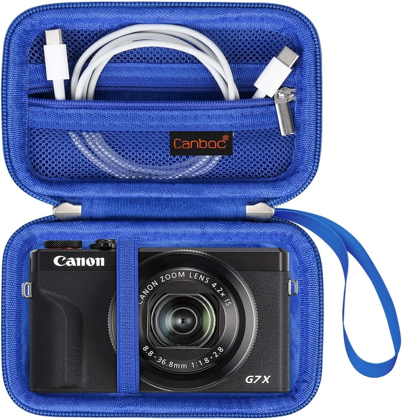 Canboc حافظة كاميرا لكاميرا كانون باور شوت G7 X مارك III/ G7X مارك II الرقمية 4K لتصوير الفيديو، حقيبة كاميرا فيديو 4K، جيب شبكي بسحاب يناسب كابل USB، بطاريات، زرقاء - Image 1
